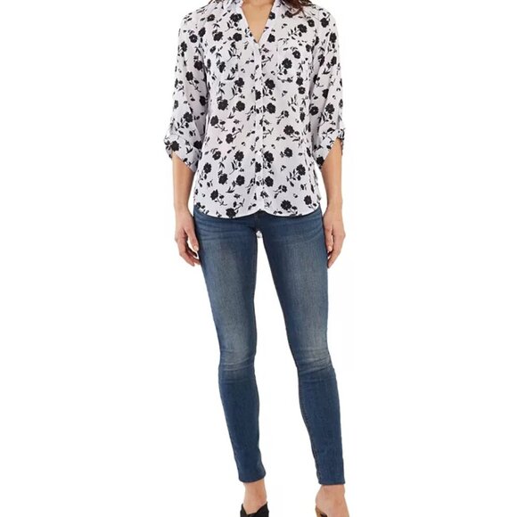 BCX Size L White with Black Floral Print Button Front Blouse, Exc. Used Cond. - Picture 15 of 15